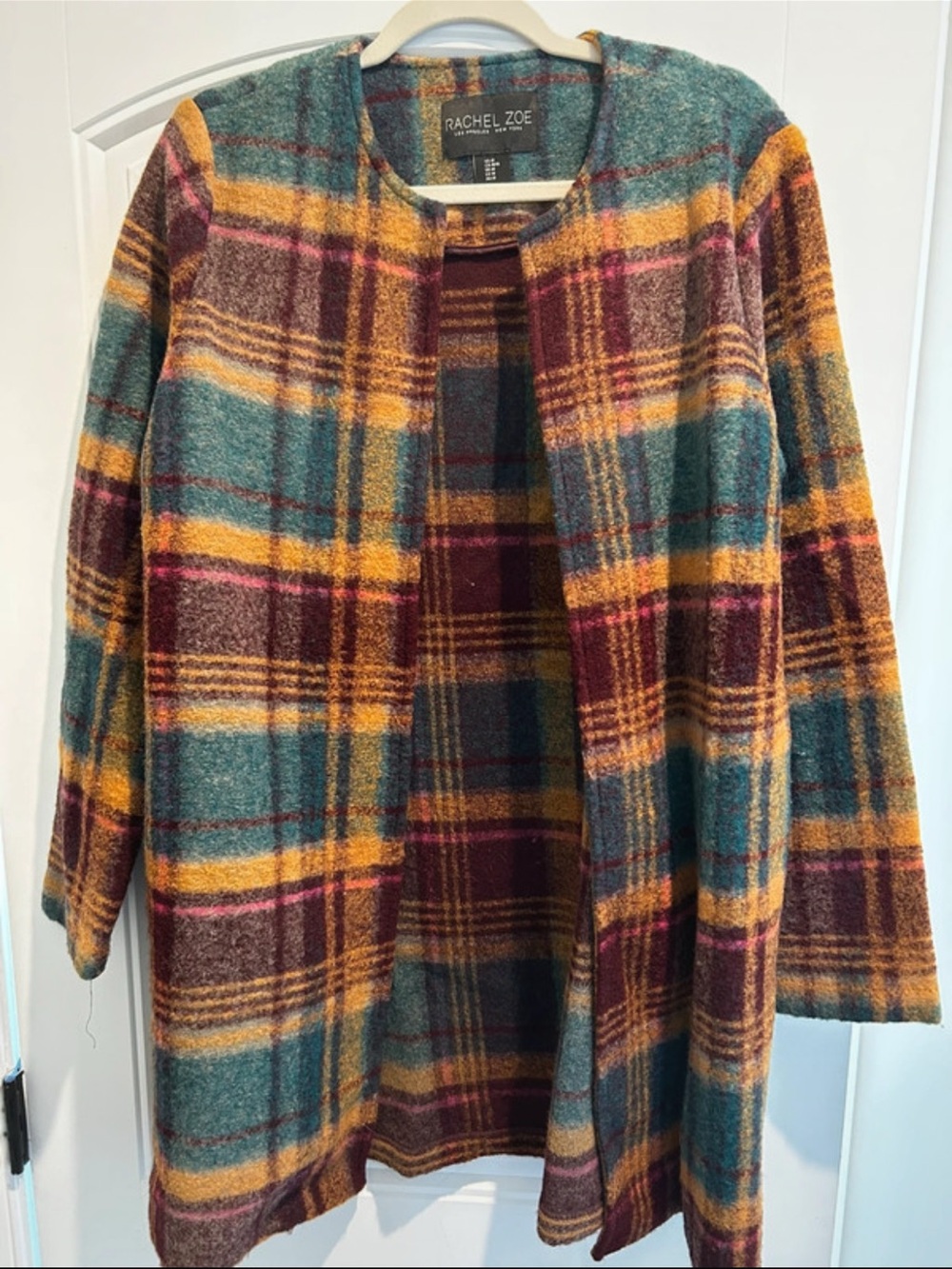 Rachel Zoe Teal, Mustard & Burgundy Plaid Open Jacket